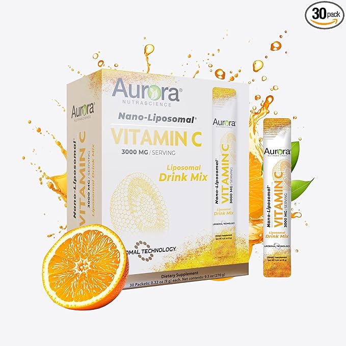 Aurora Nutrascience Nano-Pack Liposomal Vitamin C Powder Drink Mix, Immune Support, High Strength 3,000 mg Per Serving, 30 Single Serve Packets, Orange