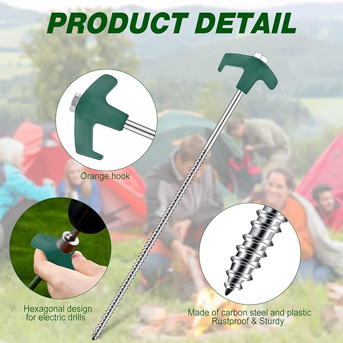 Hicarer 12 Inch Tent Stakes Screw in Camping Stakes Heavy Duty Metal Stake Ground Anchor Peg Threaded Tent Spikes with Hex Head Driver for Camping Garden Inflatable