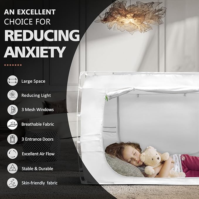 Bed Tent - Rectangular, Modern Style, White, 75"W x 54"L, 80% Blackout, 3 Doors, Breathable, Easy to Install