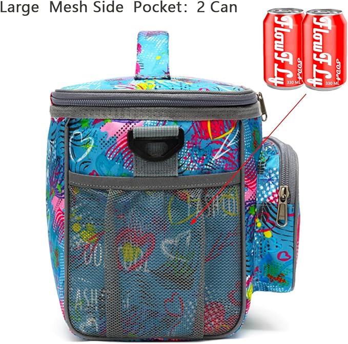 FlowFly Insulated Reusable Lunch Bag Adult Large Lunch Box for Women and Men with Adjustable Shoulder Strap,Front Zipper Pocket and Dual Large Mesh Side Pockets,Heart