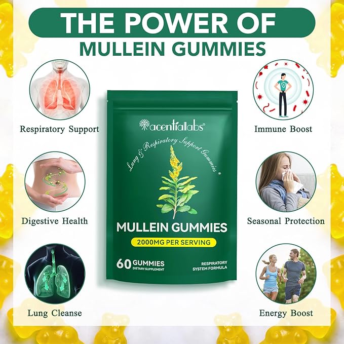 Mullein Gummies for Lung Detox,2000mg Mullein Leaf herb Extract for Lung Cleanse Support,Organic Mullein Herb Supplement for Daily Respiratory Health Gummies 60 Gummies