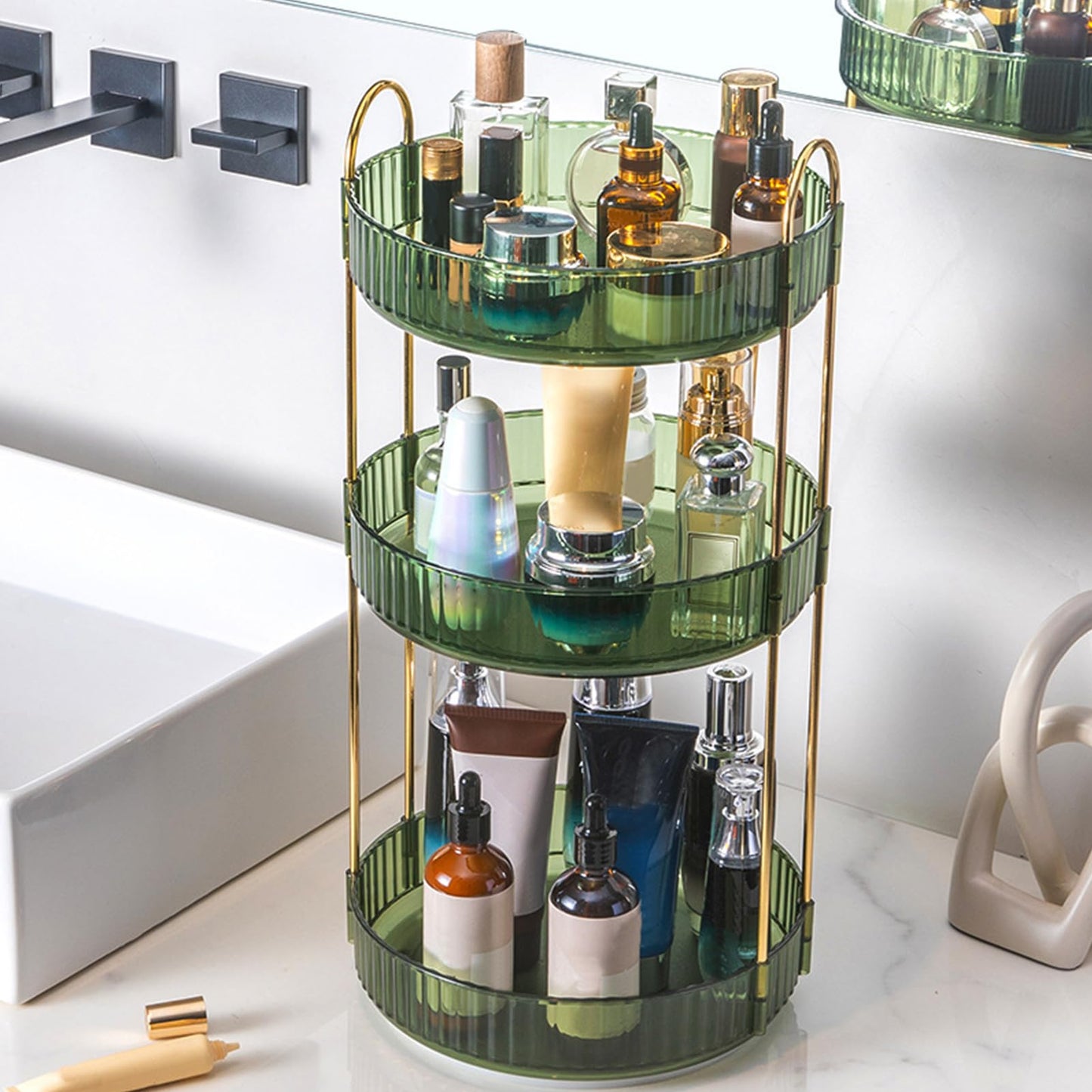 360 Rotating Makeup Organiser,Cosmetic Storage Skincare Makeup Spinning Holder Lipsticks Brushes Perfume Display Stand Box for Vanity Desk, Dresser, Bathroom (Green 3Tier)