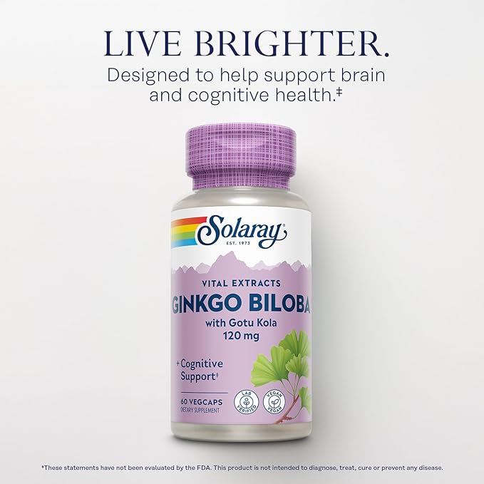 SOLARAY Ginkgo Biloba Extract with Gotu Kola - Ginko Biloba Capsules for Brain Health Support - Vegan, Lab Verified, 60-Day Guarantee - 60 Servings, 60 VegCaps (60 VegCaps)