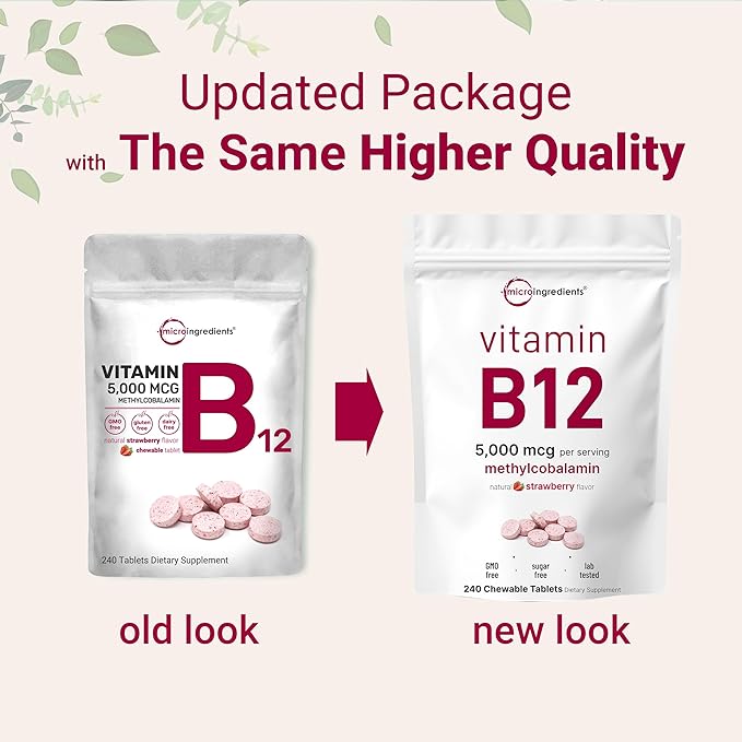 Micro Ingredients Vitamin B12 5000mcg | Methyl B12 Active Form – 240 Chewable Tablets | Fast Dissolve, Natural Strawberry Flavor, Support Energy, Metabolism Health | Vegan, Non-GMO, & No Glute