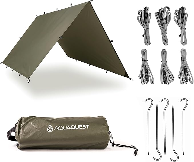 AquaQuest Defender Camping Tarp - Heavy Duty Tent Shelter or Rain Fly - Waterproof Camping Essentials for Hiking, Bushcraft & Hammock, 13 x 10 ft, Olive Drab Kit