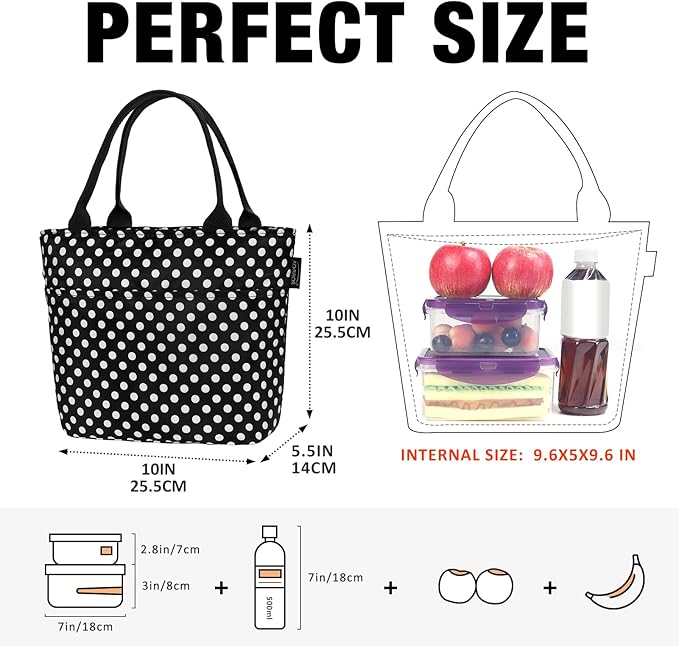 Aosbos Black Lunch Box for Women Lunch Bags for Adult Insulated Lunch Tote Bag Meal Prep Lunch Box Purse Lunchbox Portable Cooler Bag Bento Box Bag Loncheras Para Mujer, Polka Dot