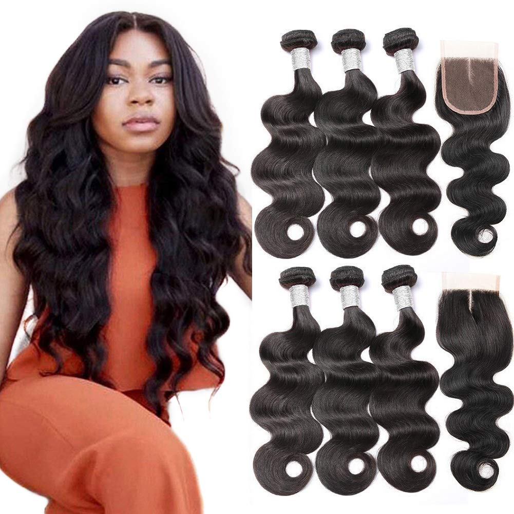 Beauty Princess Body Wave Human Hair 3 Bundles With Closure Double Weft 10A Brazilian Hair Bundles With Closure (24/26/28+20 Inc