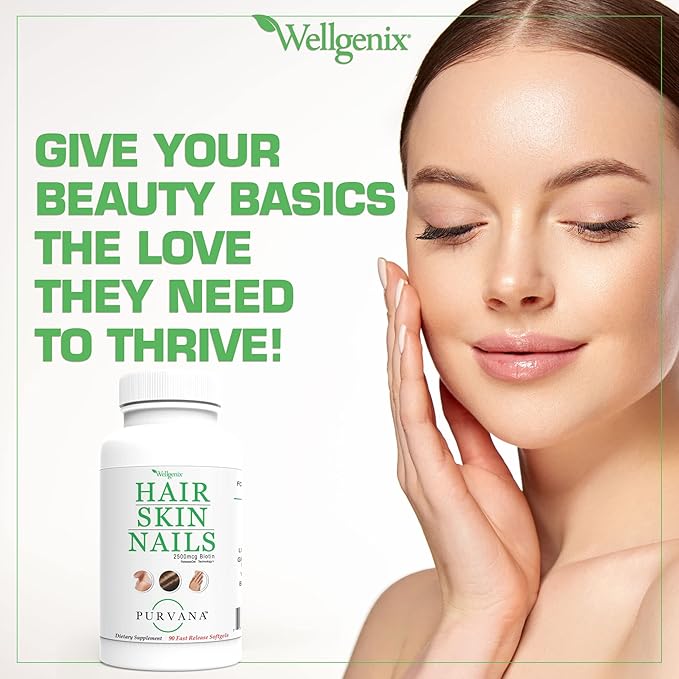 Wellgenix Purvana Hair, Skin, and Nails - One a Day Softgel - 2500mcg Biotin, DMAE, MSM, Horsetail, Grape Seed Extract - Anti Aging, PCOS & Postpartum Hair Growth, Strong Nails (90 Count)