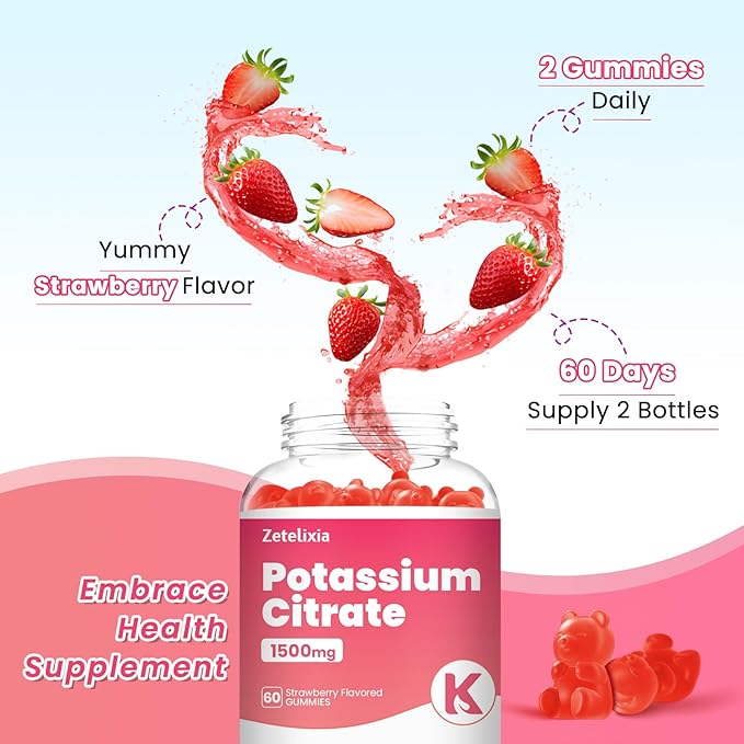 2 Pack Potassium Gummies for Adults Women & Men, Potassium Citrate Supplement, Support Leg Cramps, Muscle Health & Electrolyte Balance, Sugar Free, Organic, Vegan, Strawberry, 120 Cts