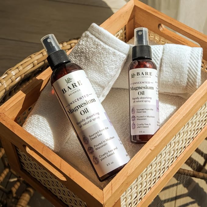 BARE BOTANICS Unscented 8oz Pure Magnesium Oil Spray from the Dead Sea | Rapidly Absorbing | Handpoured in Madison, WI | Supports Sleep & Soothes Sore Muscles