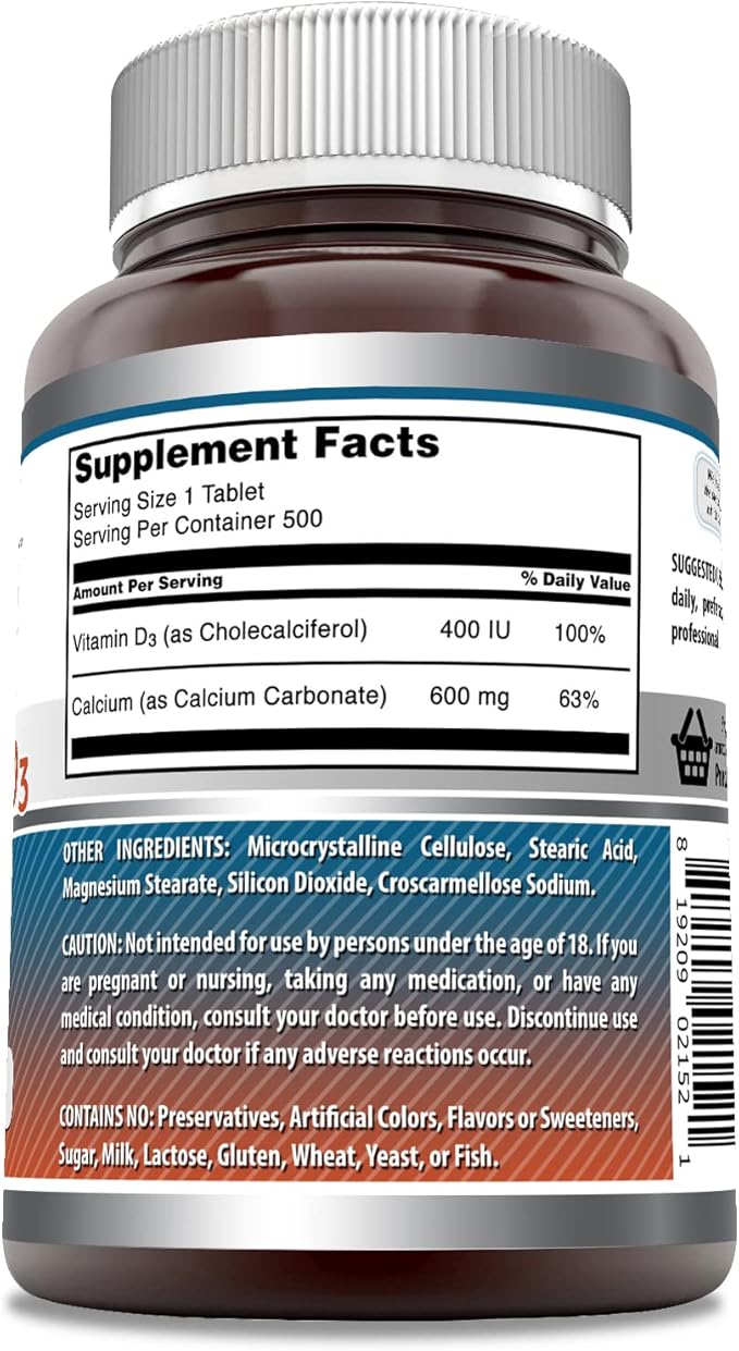 Amazing Formulas Calcium with Vitamin D3 500 Tablets Supplement | Non-GMO | Gluten Free | Made in USA