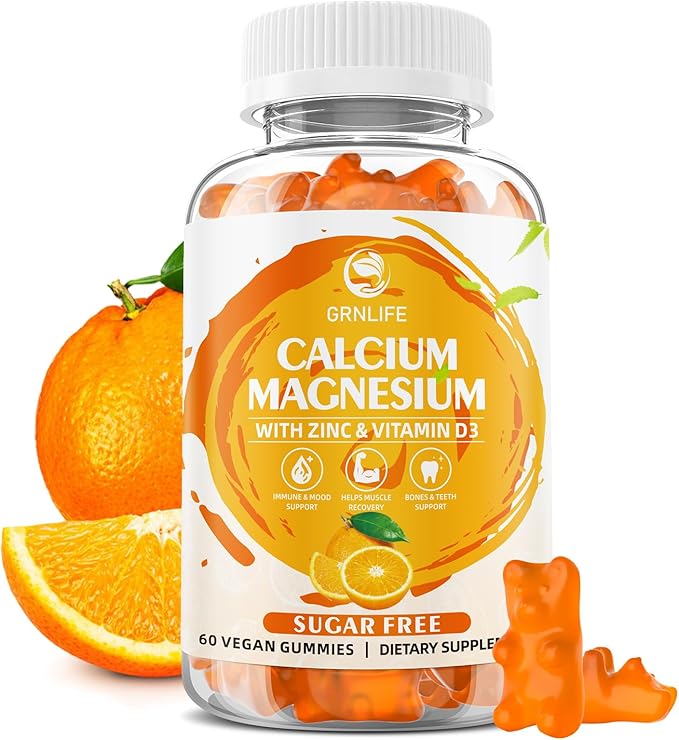 Calcium Magnesium Zinc Supplement with Vitamin D3, Sugar Free Calcium Gummies for Women Men, High Potency Magnesium Gummies for Bone & Muscle & Immune Health, Orange Flavors - 60 Count