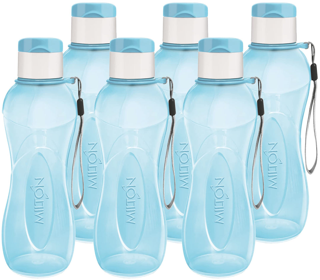 MILTON Water Bottle Kids Reusable Leakproof 12 Oz Plastic Wide Mouth Large Big Drink Bottle BPA & Leak Free with Handle Strap Carrier for Cycling Camping Hiking Gym Yoga (Blue 6 pack)