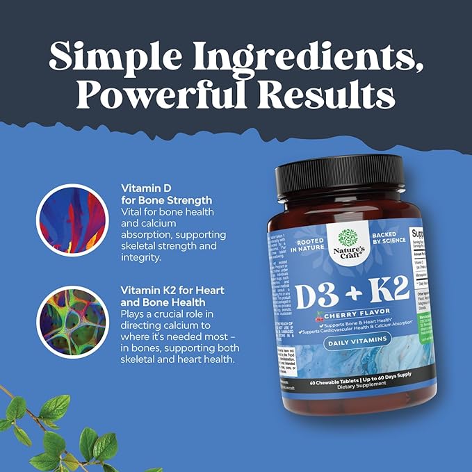 Natures Craft Vitamin D3 with K2 MK7 Supplement - Vitamin D3 2000 IU Tablets and K2 for Immune Support Bone Health Heart Health Joint Support Bone Strength and Mood Boost - VIT Immune System