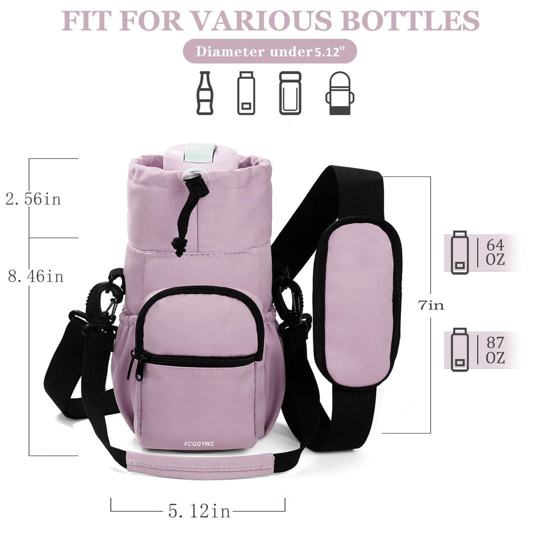 FCQQYWZ Water Bottle Carrier with Strap,64oz 87oz Sports Insulated Crossbody Water Bottle Bag with Adjustable Hand Shoulder Strap and 4 Pockets for Men Women Hiking Camping Travelling (Purple)