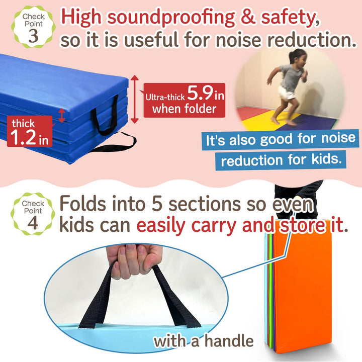 KaRaDaStyle Gymnastics Mat Folding Stretch Mats 75"x31"x1.2" Exercise Muscle Training Children Play Horizontal Bar Mat Yoga Sports Soundproof Home Use (Black/5-fold)