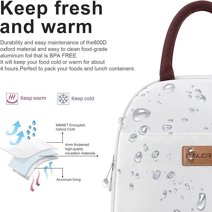 BALORAY Lunch Bag for Women Men Insulated Lunch Box for Adult Reusable Lunch Tote Bag for Work, Picnic or Travel (White)