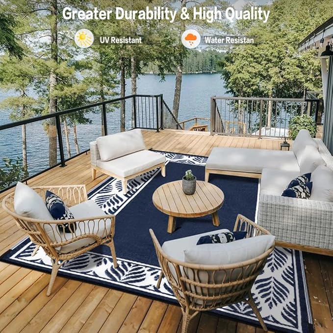 Outdoor Plastic Straw Rug, Waterproof Mat, Washable Large Floor Mat and Rug for Outdoors, RV, Beach, Patio, Camping, Backyard, Deck, Picnic,Indoor Outside (8x10ft,Olive-Leaf/Dark Blue&White)