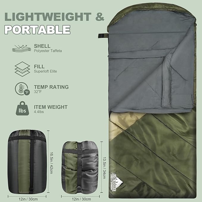 AGEMORE Sleeping Bag for Adults, Double and Single Size, Lightweight Portable Camping Sleeping Bag with Draft Tubes, Fit for Warm & Cold Weather Camping Hiking Backpacking Or Traveling