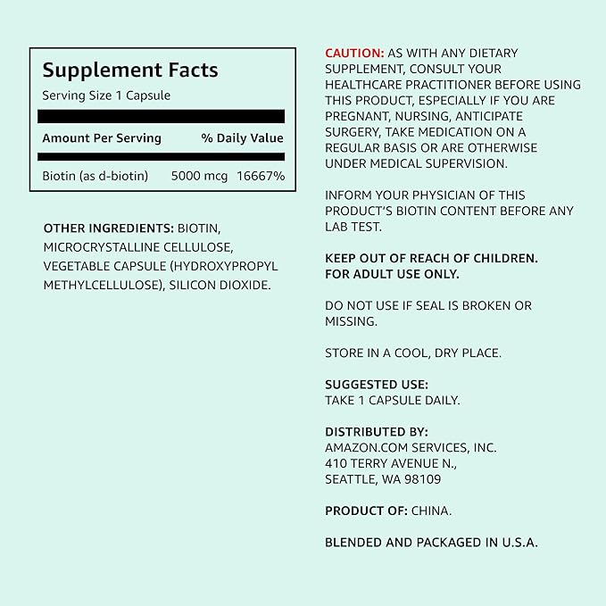 Amazon Elements Vegan Biotin 5000 mcg - Hair, Skin, Nails, 130 Capsules (4 Month Supply) (Packaging May Vary) (Pack of 2)