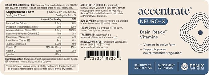 Accentrate® Neuro X - Complete Vitamin B Complex | Active Multivitamin w/L-Methylfolate (5-MTHF), Adenosylcobalamin (B12), Pyridoxal-5'-Phosphate (P5P) | Brain Health | MTHFR Supplement | 30 Tablets