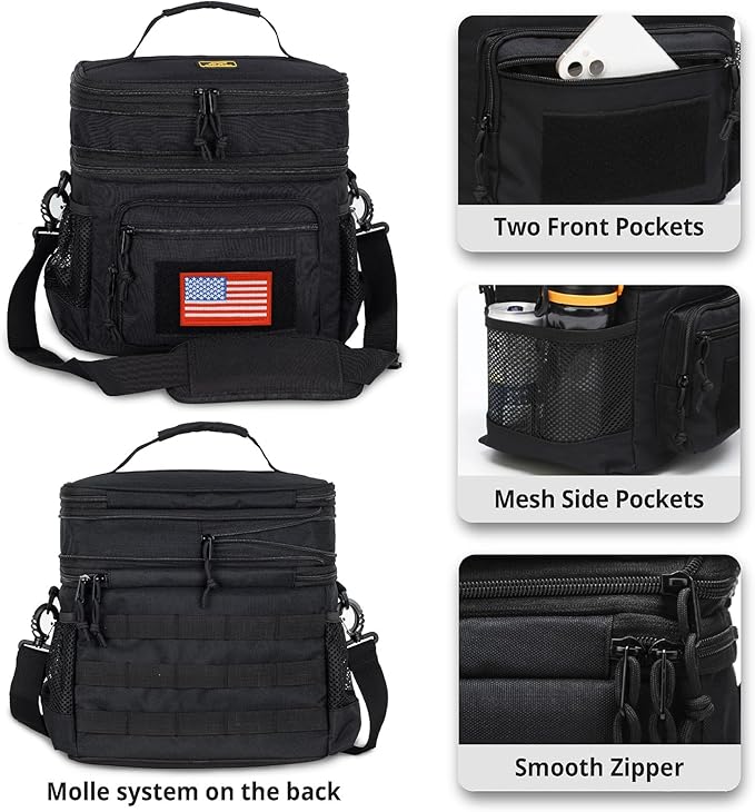 ATRIPACK Lunch Bag for Men, Double Deck Tactical Lunch Box Work with Shoulder Strap MOLLE Webbing Large Lunch Cooler Leakproof Insulated （Black）