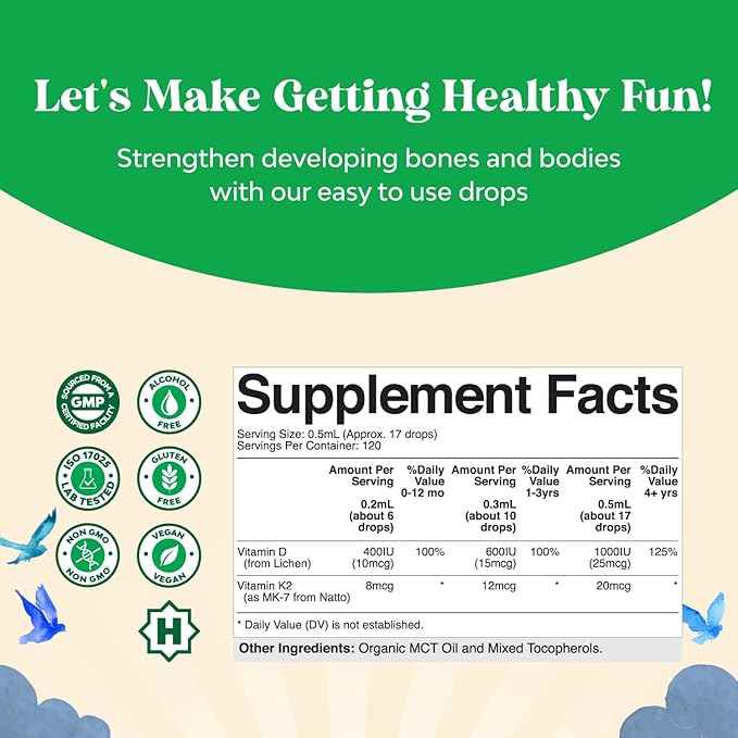 Natures Craft Kids Vitamin D3 K2 Drops - Organic Vitamin D for Kids for Strong Bones & Joints - Infants, Babies & Toddler Immune Support Drops Liquid Supplement - 60 ml Bottle