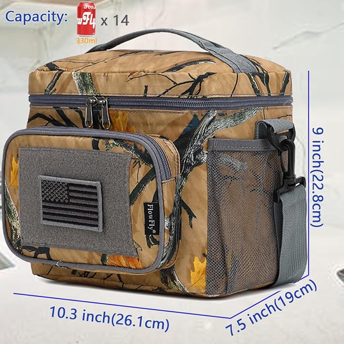 FlowFLy Lunch Bag, Insulated Cooler, Thermal Lunch Box Tote with MOLLE/PALS Webbing, Adjustable Padded Shoulder Strap, for Tactical Men Women Adults and Boys Girls Kids (Maple Leaves Camo, Medium)