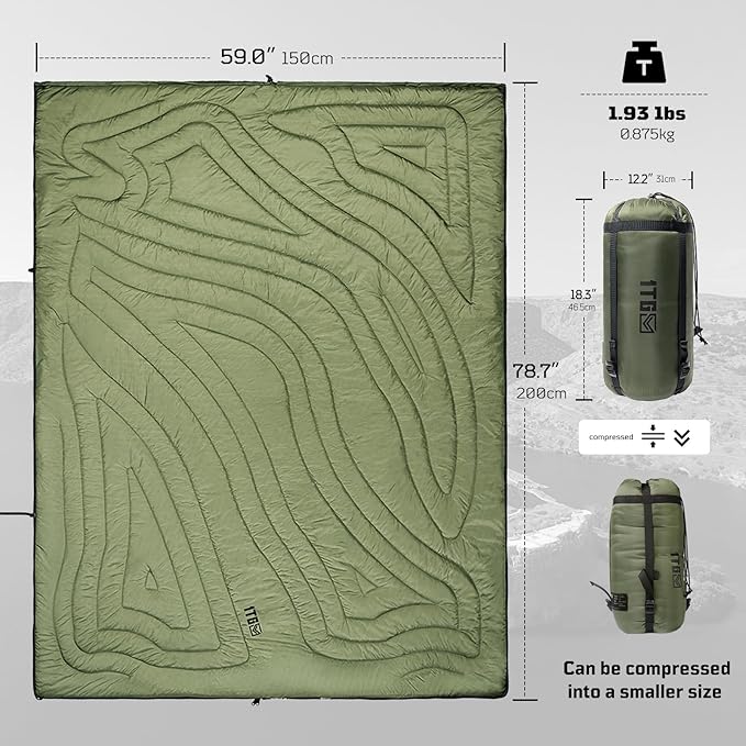 3M Thinsulate Insulation Camping Blanket, Packable, Lightweight Camp Quilt with Footbox, Zippered, Outdoor Sleeping Blanket for Backpacking, Travel, Stadium, Beach