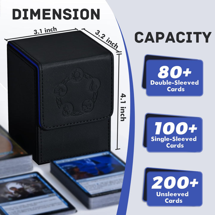 ZLCA Card Deck Box for MTG, Card Storage Box Fits 100+ Single Sleeved Cards, PU Leather Strong Magnet Card Deck Case for Magic Commander TCG Cards (Black& Blue)