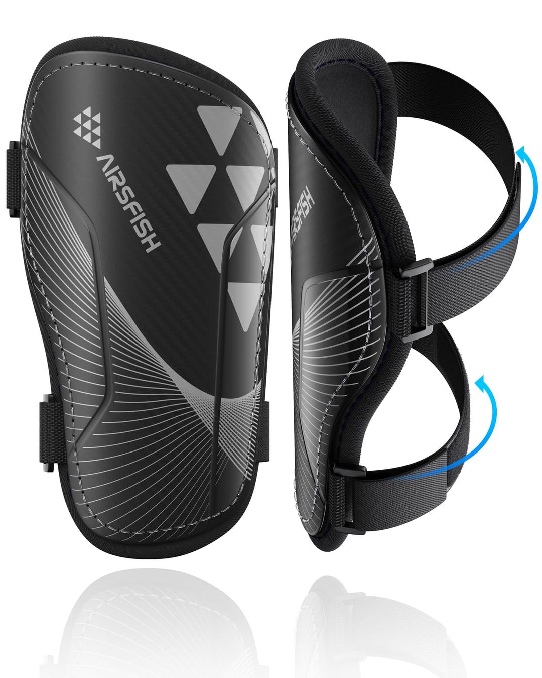 Shin Guards Soccer Kids Youth, CE Certified AirsFish Shin Guard Protection Gear for 2-18 Years Old Boys Girls Teenagers High Impact Resistant Comfortable 1 Pair (Black Triangle, XX-Small)