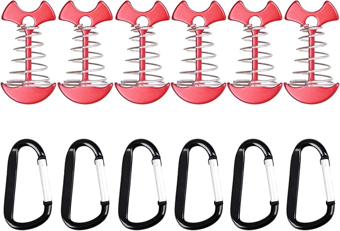 TRIWONDER 6pcs Deck Plank Board Tent Stakes Aluminum Spring Anchor Fishbone Guyline Cord Adjuster Tent Pegs with Carabiners for Outdoor Camping Hiking