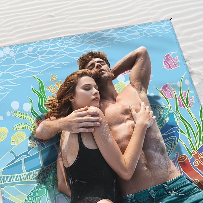 Beach Blanket Waterproof Sandproof Large Beach Mat 79" X 83" for 2-4 Adults Sand Free Mat Quick Drying,Lightweight & Durable with 4 Stakes & 4 Corner Pockets for Beach Travel Camping.(Sea Turtle)