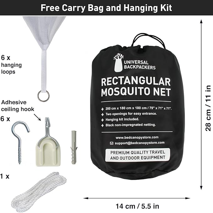 Black Mosquito Net for Single to King-Sized Beds – 2 Side Openings & 6 Hanging Loops – Decorative Rectangular Shape for Home & Travel – Bed Canopy Hanging Kit & Carrying Bag Included