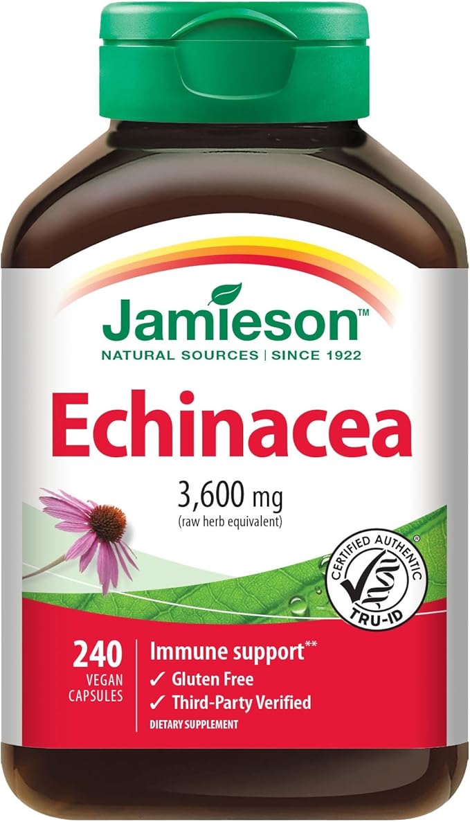 Jamieson Echinacea 3,600mg 240 Vegan Capsules for Immune Support, Gluten Free, Non-GMO