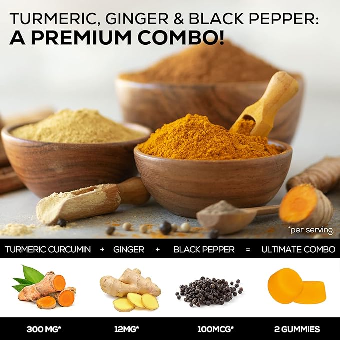 Turmeric Gummies with Black Pepper & Ginger for Best Absorption, 95% Curcuminoids Tumeric Curcumin Gummy, Nature's Herbal Extract Joint Support Supplement, Vegan Non-GMO, Peach Flavor - 60 Gummies