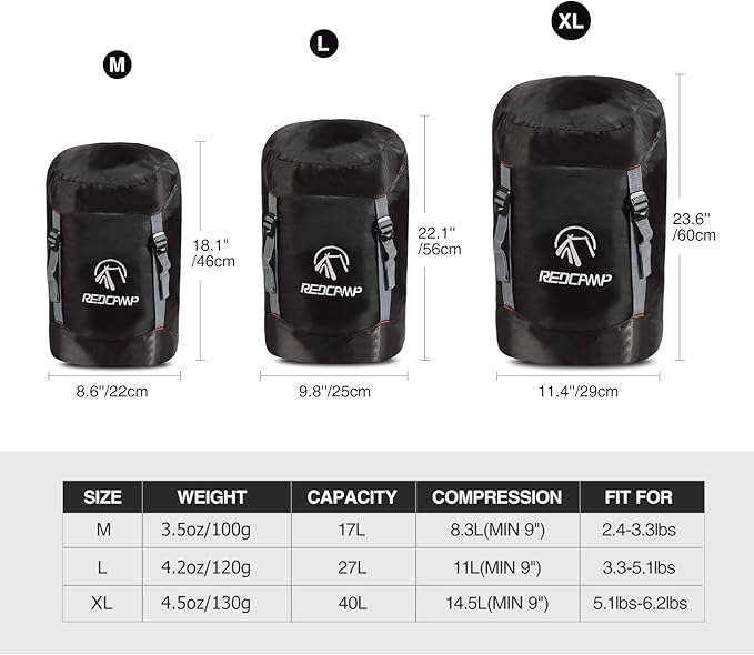 REDCAMP Sleeping Bag Stuff Sack, Black M, L, XL and XXL Compression Sack, Great for Backpacking and Camping