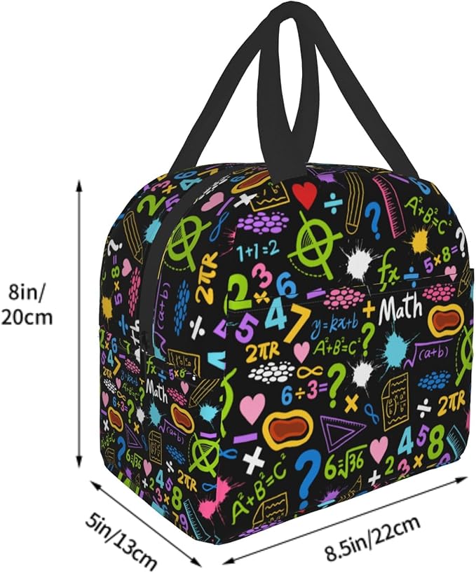 Imiss Math Education Lunch Bag Colorful Formulas Calculations Lunch Box with Front Pocket Reusable Thermal Cooler Bag for School Work Picnic Travel Meal Prep Bag