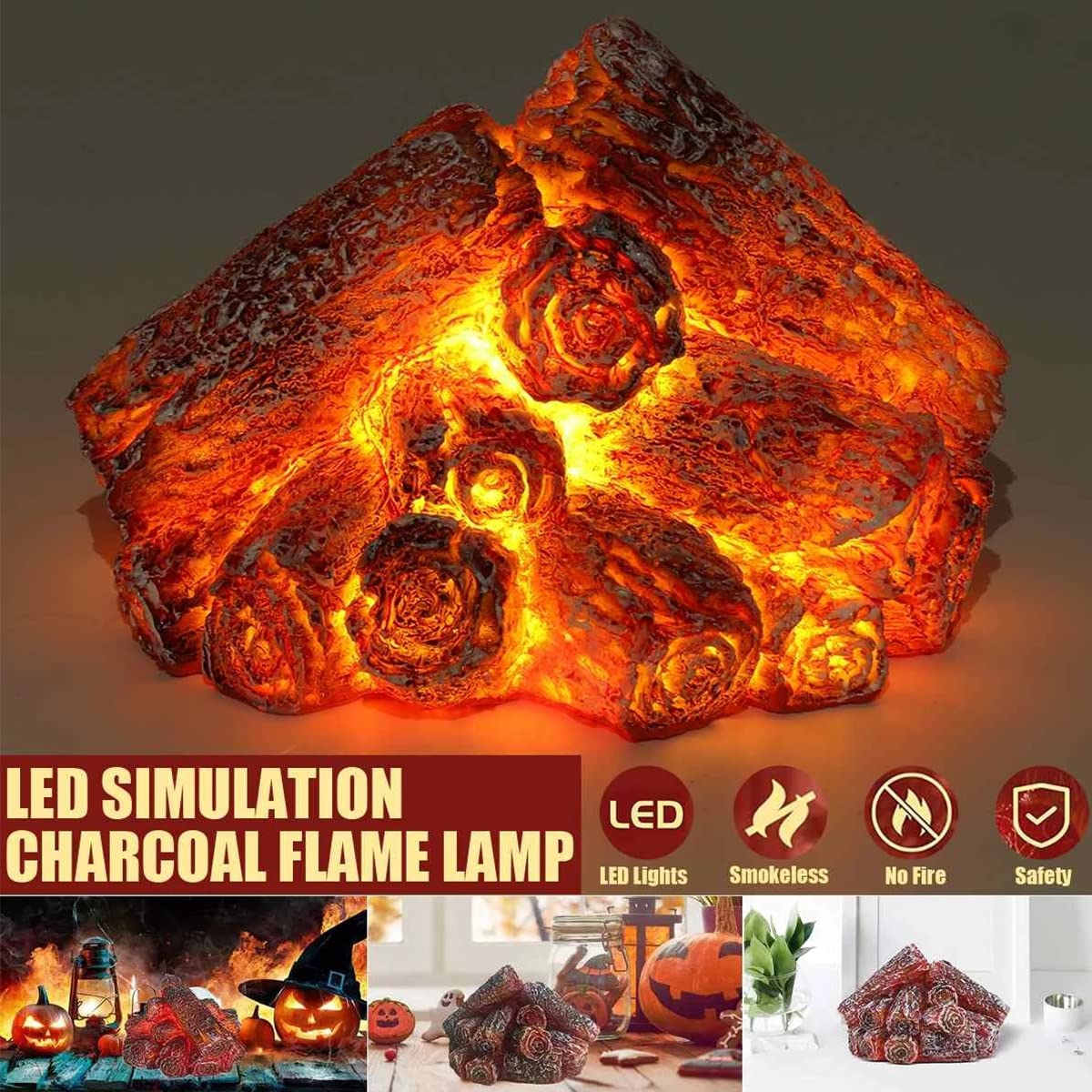 Charcoal Flame Effect Lantern Lamps Artificial Logs for Fireplace Flameless Light with Realistic Log Wood Burning Atmosphere As Christmas Festival Home Living Room Tv Cabinet Fake Fire Decorations