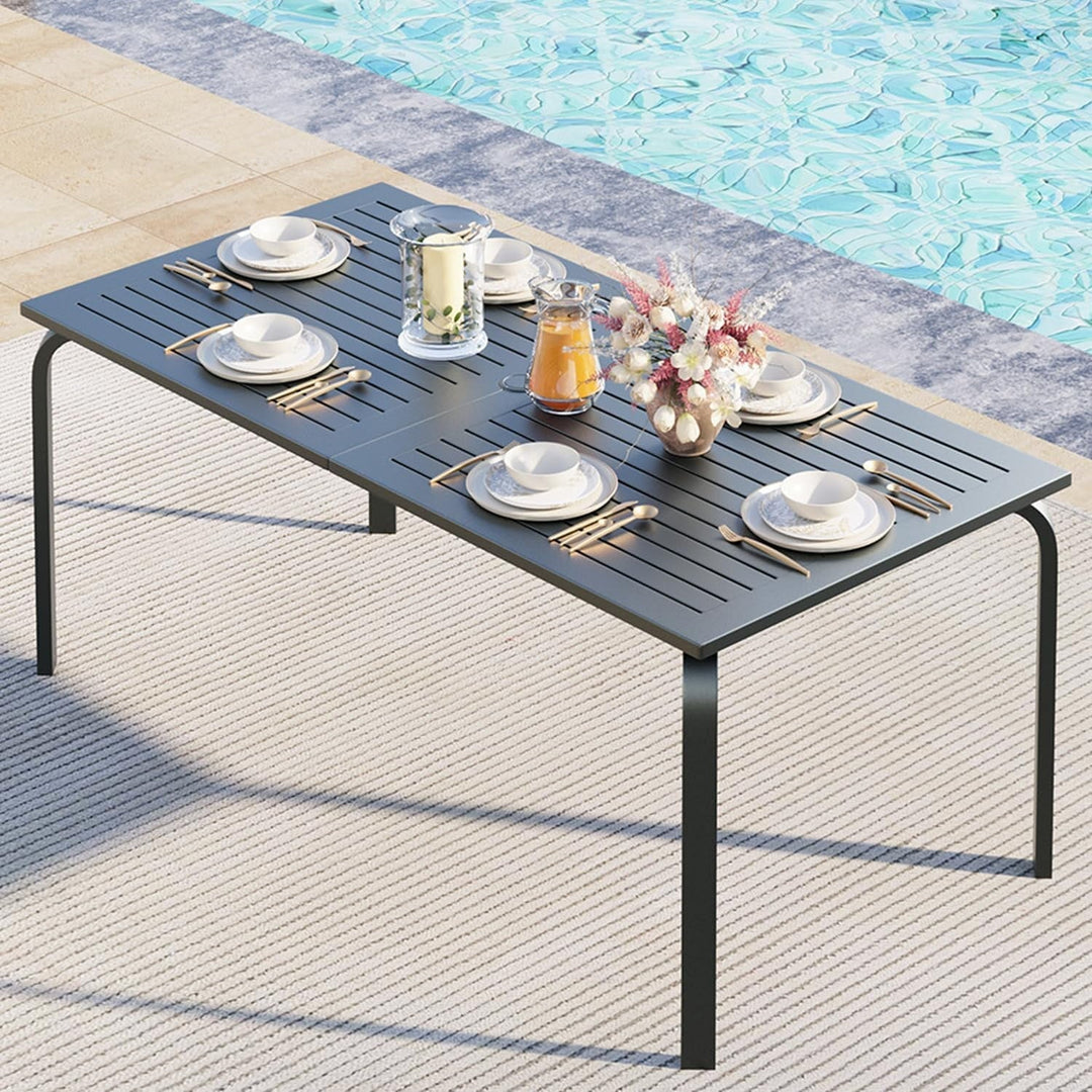 71" x 35" Outdoor Dining Table - 8-Person Aluminum Patio Table with Slatted Top & Umbrella Hole,All-Weather Black for Backyard/Garden/Lawn