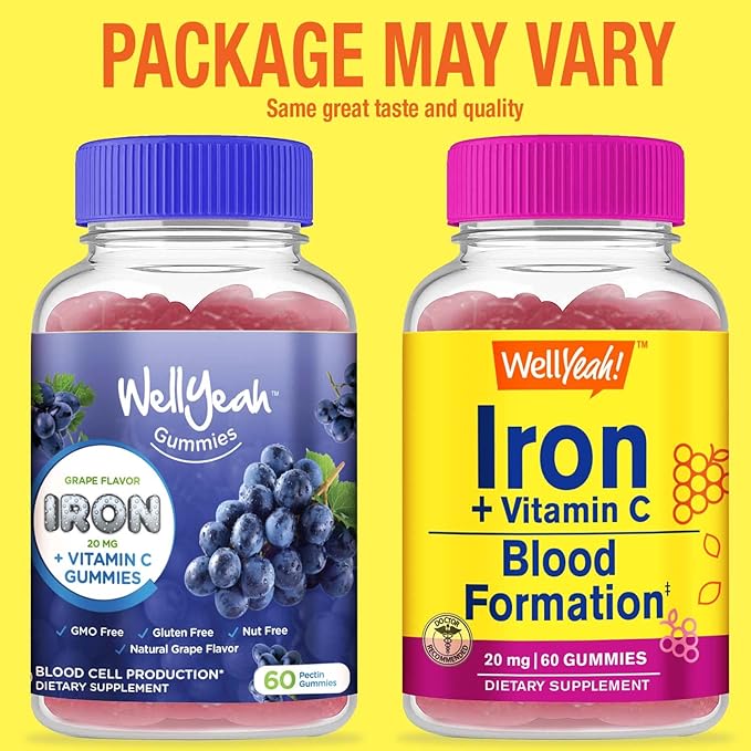 Iron Gummies with Vitamin C -Anemia and Cellular Energy Support, Promotes Red Blood Cell Formation - Energy & Immune System Support -Natural Grape Flavor-60 Gummies