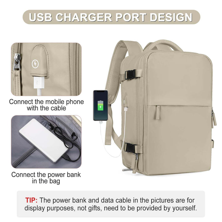 coofay Backpack, Laptop Travel Daypack for Women & Men, Airline Approved Carry On, 15.6'' Laptop Compartment, Waterproof, Anti-Theft, USB Port, Shoes Compartment, 2L, Khaki