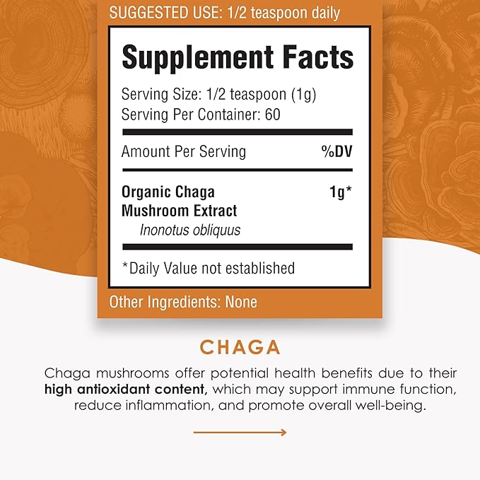 Chaga Mushroom Extract Powder - Organic Chaga Mushroom Extract for Digestion, Natural Energy, and Immune Support - Natural Supplement for Overall Wellness 60g