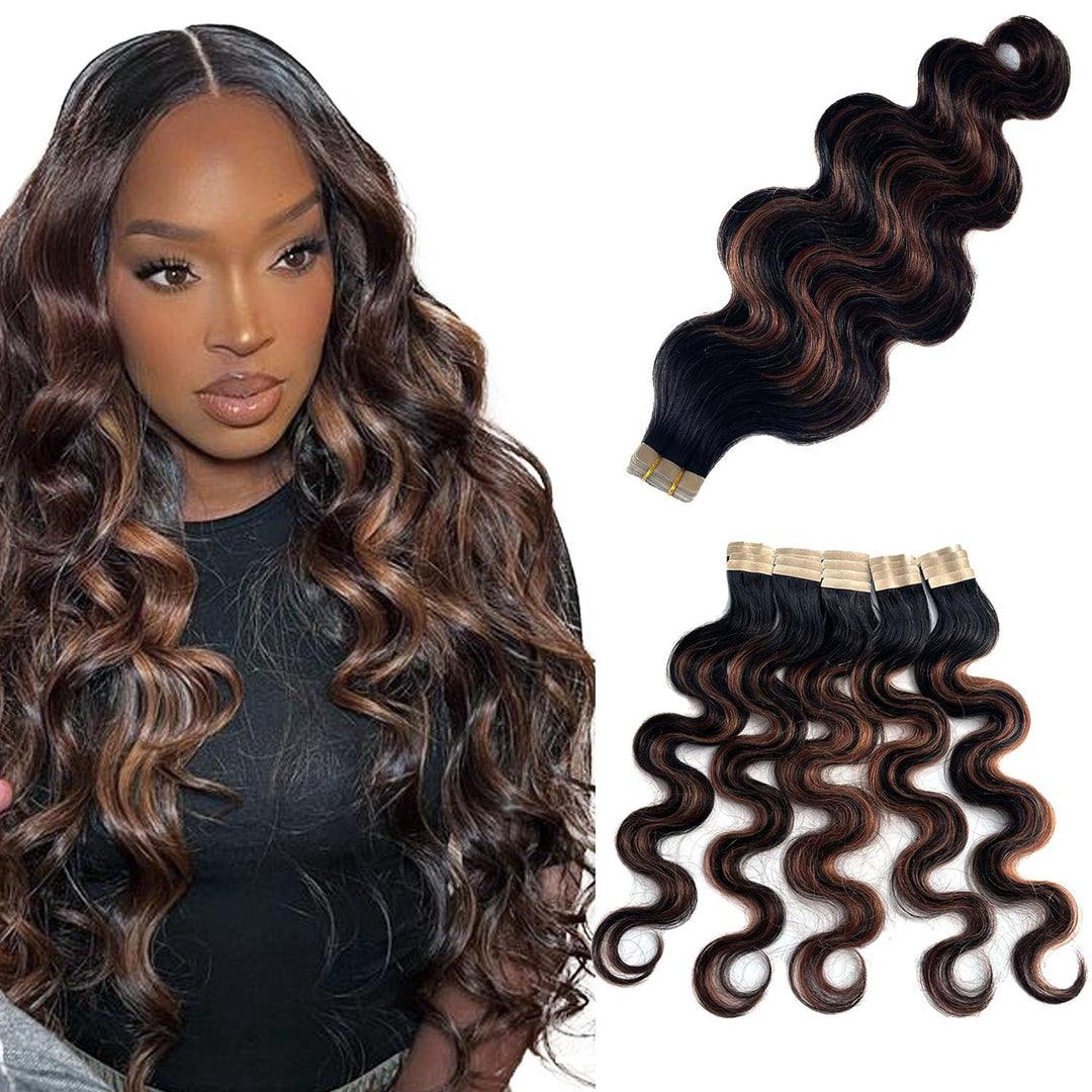 Tape in Hair Extensions Human Hair Body Wave Natural Black Hair Extensions Real Human Hair Balayage Chocolate Brown Highlights Tape in Hair Extensions 14 Inch 50g/pack 20pcs Tape for Hair Extensions