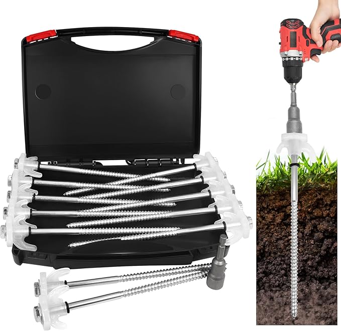 12 Pack 8-inch Heavy Duty Metal Tent Nails - Anchor Screws - Head That Will Glow at Night - Outdoor Camping - Metal Threaded Tent Nails and Hexagonal Head Drive and Storage Box (White)