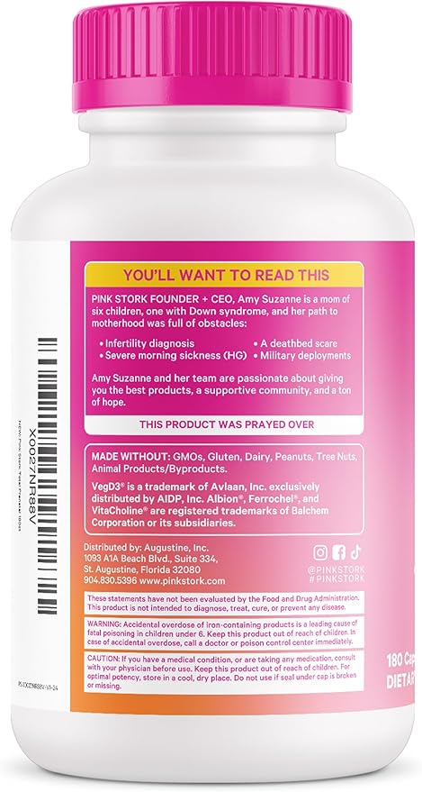 Pink Stork Total Prenatal Vitamins with DHA, Folate, and Iron, 3 Month Supply to Help Support Fetal Development, Pregnancy Must Haves - 180 Capsules
