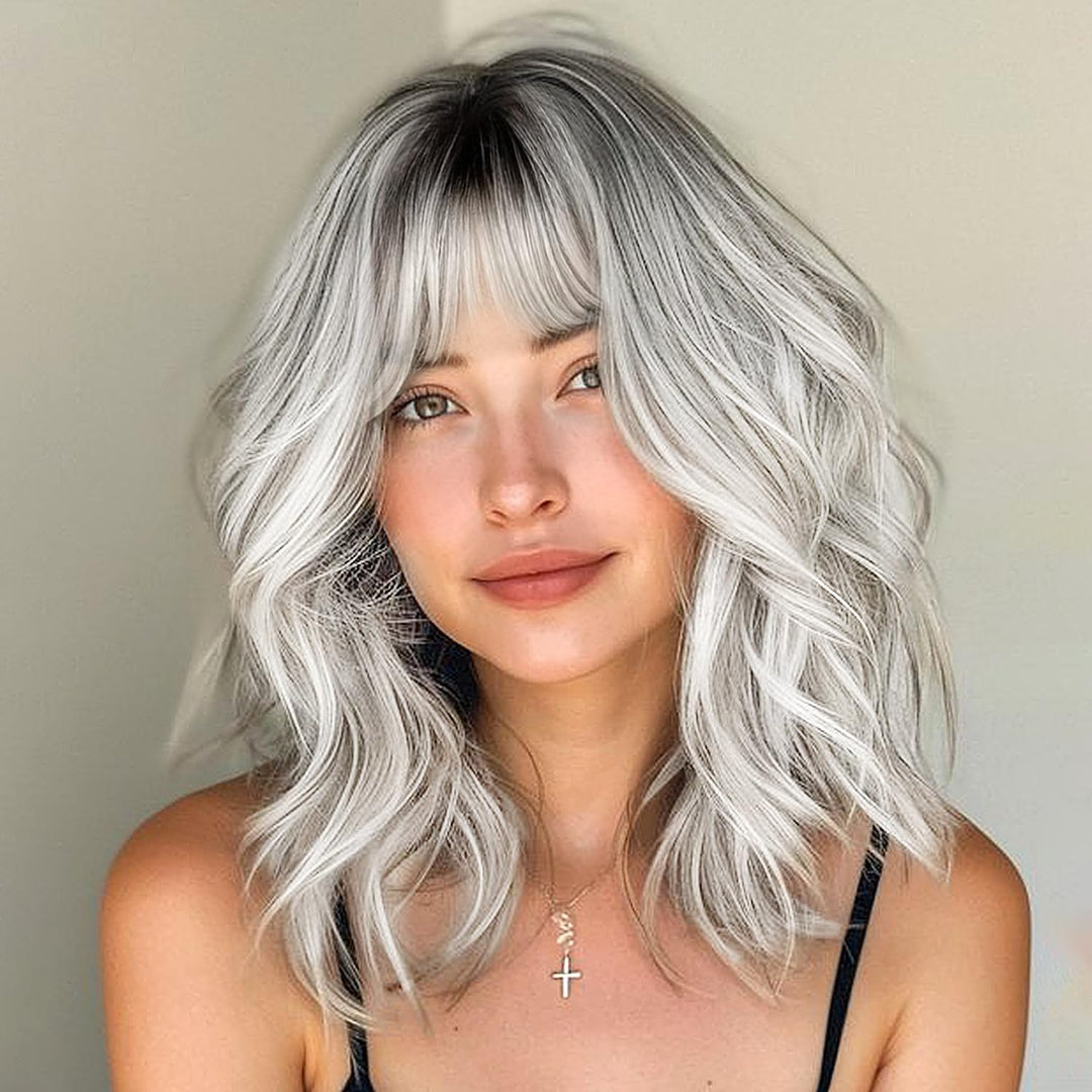 Nnzes Ombre Silver Wig with Bangs for Women White Bob Wavy Charming Synthetic Wigs with Natural Shoulder Length Curly Heat Resistant Hair for Daily Party Use