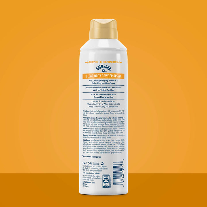 Gold Bond No Mess Clear Invisible Body Powder Spray, 7 oz., Absorbs Odor-Causing Sweat