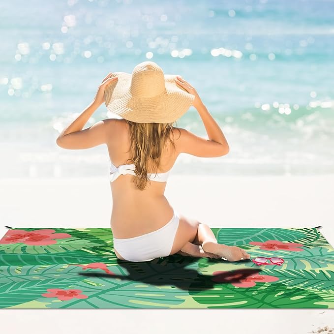 Beach Blanket Waterproof Sandproof Large Beach Mat 83" X 106" for 3-5 Adults Sand Free Mat Quick Drying,Lightweight & Durable with 4 Stakes & 4 Corner Pockets for Beach Camping .(Green)