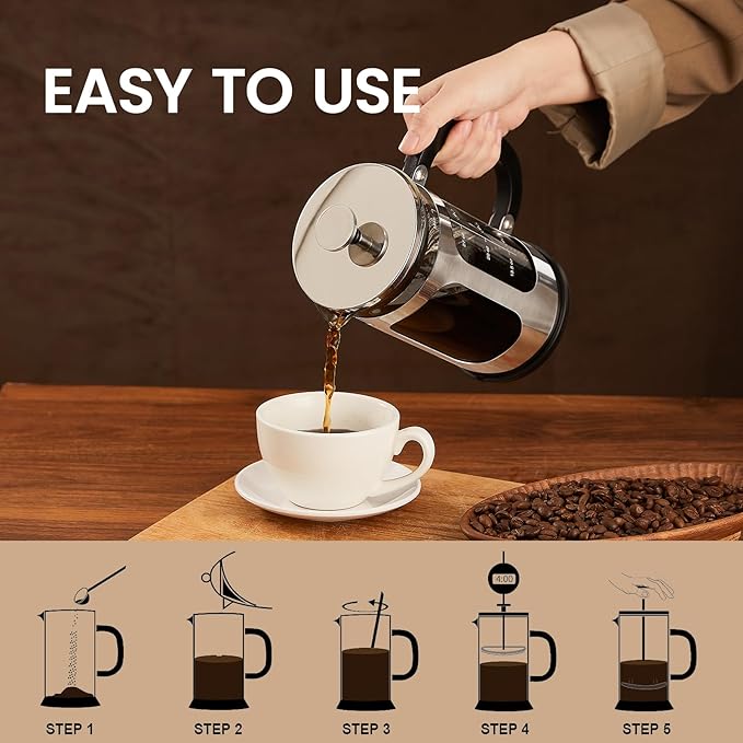 BAYKA 34oz French Press Cold Brew Coffee Maker, Heat and Cold Resistant Thickened Borosilicate Glass Stainless Steel Coffee Press, Iced Coffee Pot Tea Pitcher for Kitchen Travel Camping,1 Liter,Silver